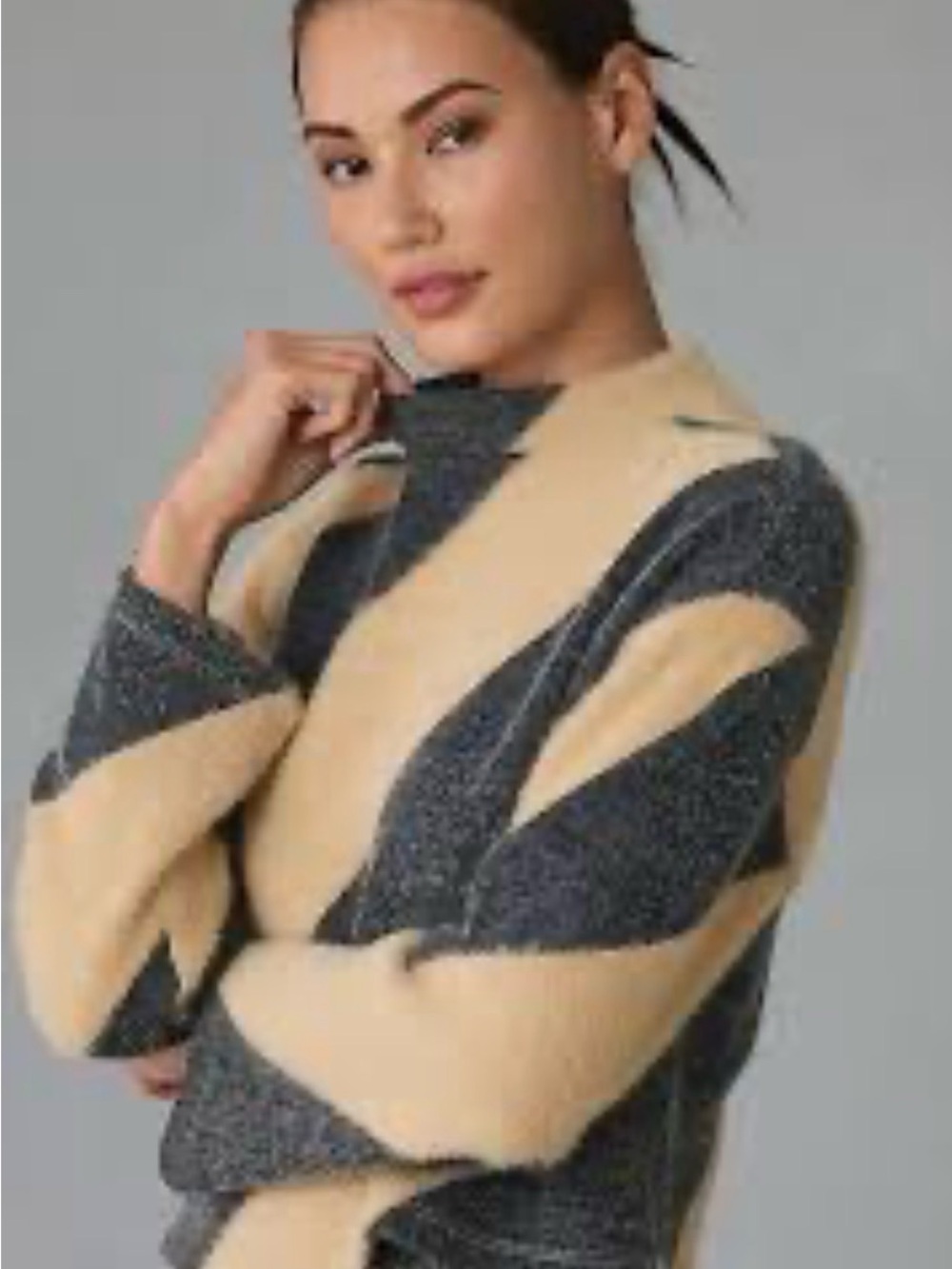 Maeve Anthropologie Striped Mock Neck Cozy Sweater - Cream & Charcoal Size Large - Picture 2 of 12